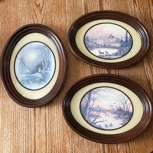 Vintage Set of three oval framed nature art forest rustic country cottage